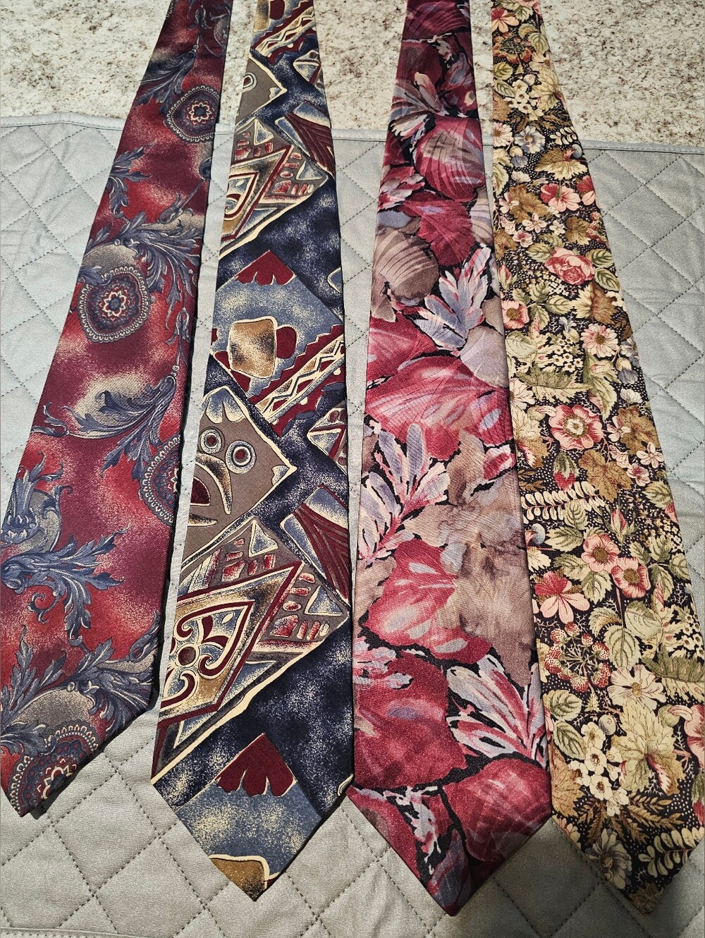 Vintage Men's Floral and Patterned Neck Tie Set - Burgundy, Navy, Pink, Gold